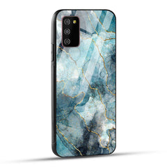 Samsung Galaxy M02s Back Cover Blue Gold Illustrated Marble Printed Glass Case