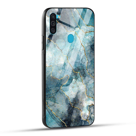 Samsung Galaxy M11 Back Cover Blue Gold Illustrated Marble Printed Glass Case