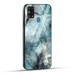 Samsung Galaxy M31 Back Cover Blue Gold Illustrated Marble Printed Glass Case