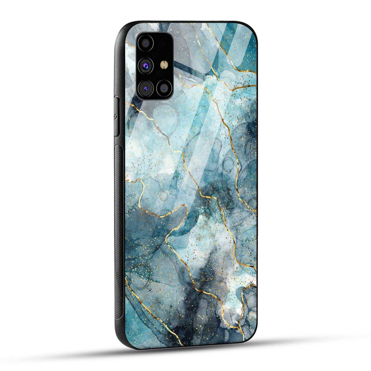 Samsung Galaxy M31s Back Cover Blue Gold Illustrated Marble Printed Glass Case