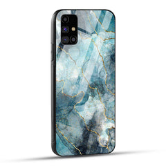 Samsung Galaxy M31s Back Cover Blue Gold Illustrated Marble Printed Glass Case