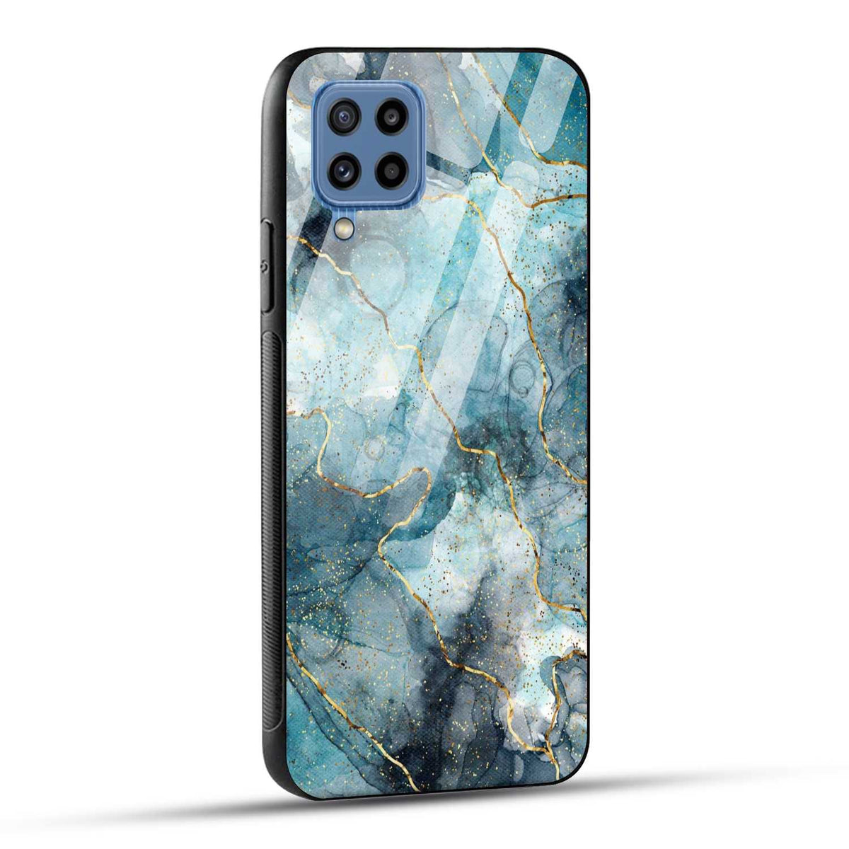 Samsung Galaxy M32 Back Cover Blue Gold Illustrated Marble Printed Glass Case