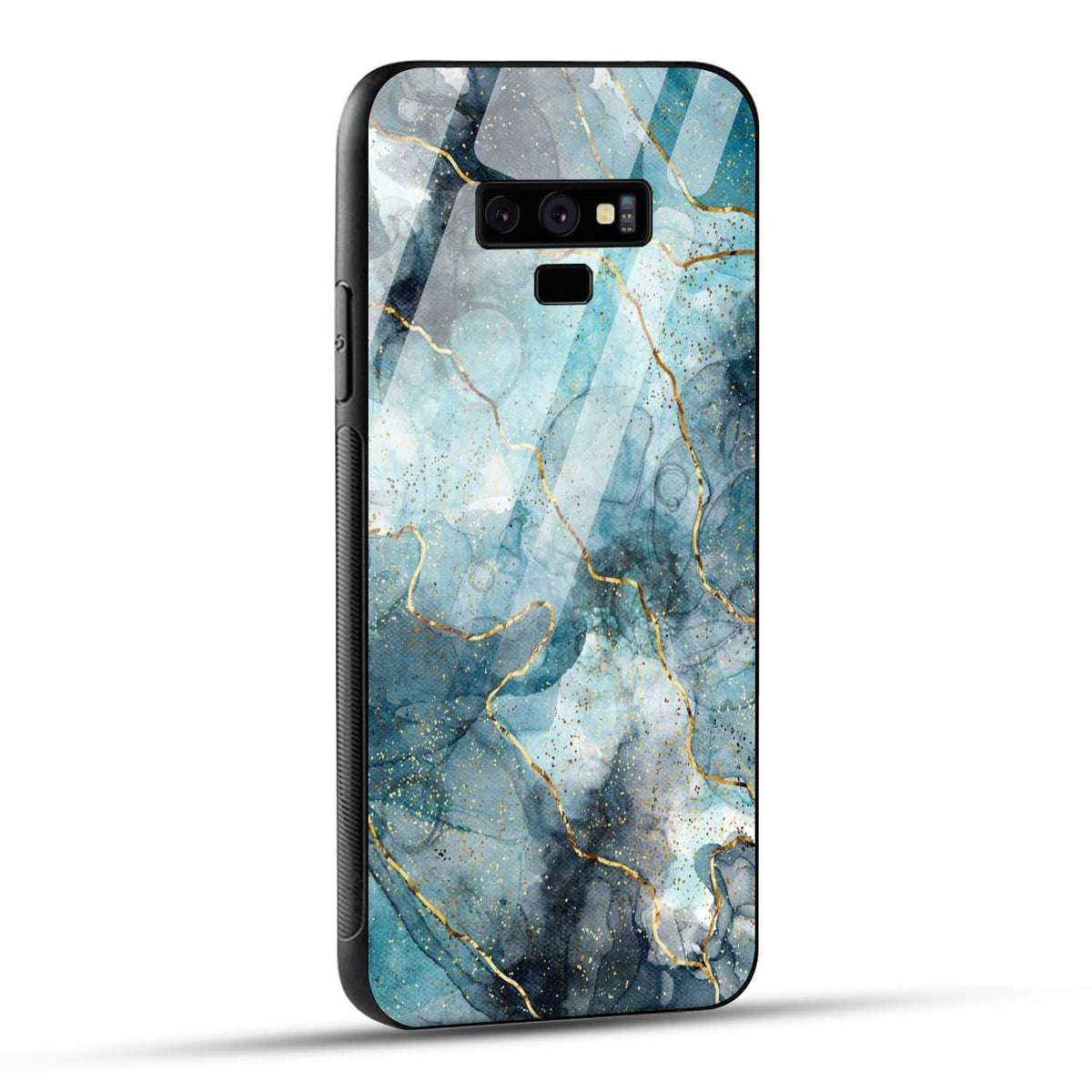 Samsung Galaxy Note 9 Back Cover Blue Gold Illustrated Marble Printed Glass Case