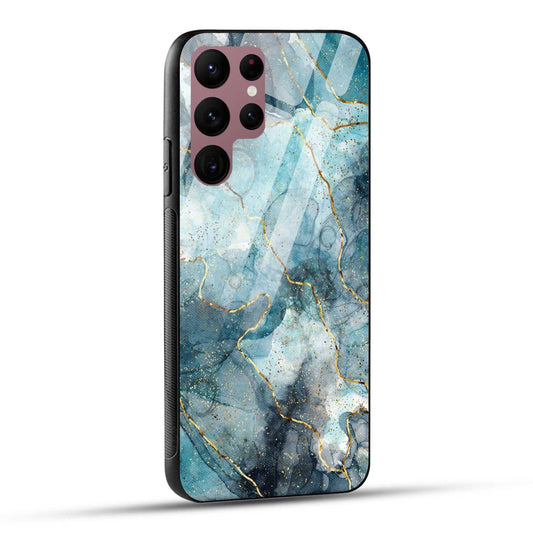Samsung Galaxy S22 Ultra 5G Back Cover Blue Gold Illustrated Marble Printed Glass Case