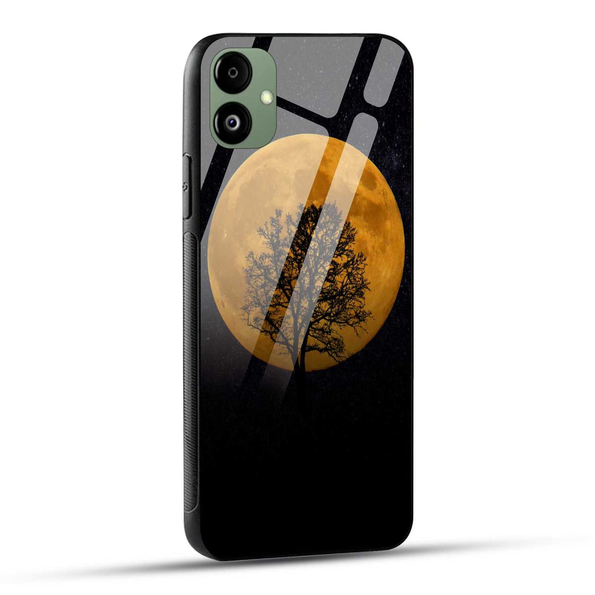 Samsung Galaxy A05 Back Cover Black And Orange Modern Moon Printed Glass Case