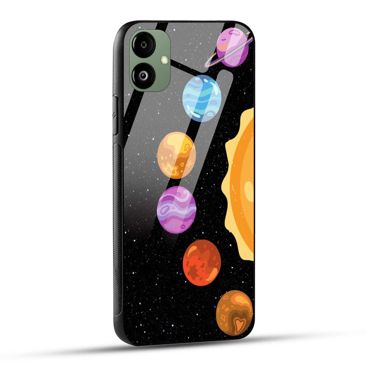 Samsung Galaxy A05 Back Cover Black Yellow Illustrative Space Planets Printed Glass Case