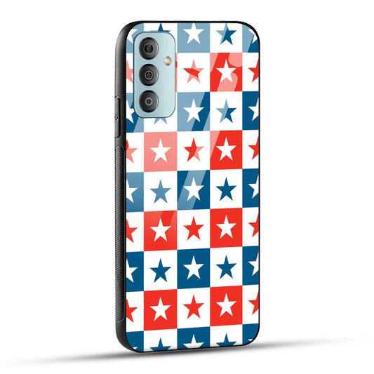 Samsung Galaxy F23 5G Back Cover Blue And Red Star Print Printed Glass Case