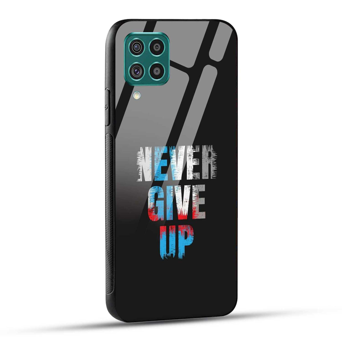 Samsung Galaxy F62 Back Cover Never Give Up Quote Printed Glass Case