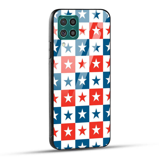 Samsung Galaxy F62 Back Cover Blue And Red Star Print Printed Glass Case