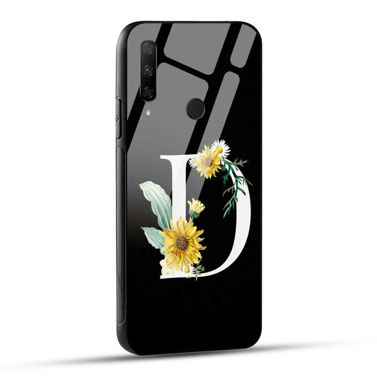 HONOR 9X Back Cover D Alphabet White Floral Name Initial Letter Printed Glass Case