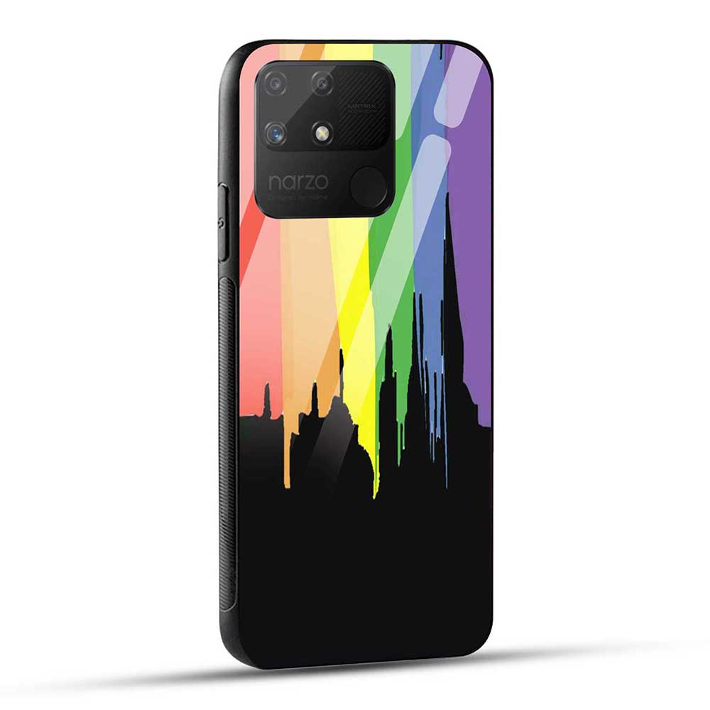 Realme Narzo 50A Back Cover Rainbow Colors On Black Glass Case