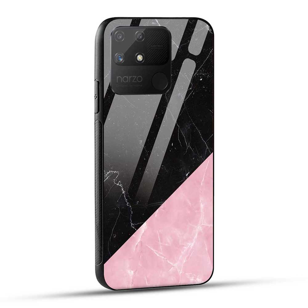 Realme Narzo 50A Back Cover Pink Black Marble Glass Case