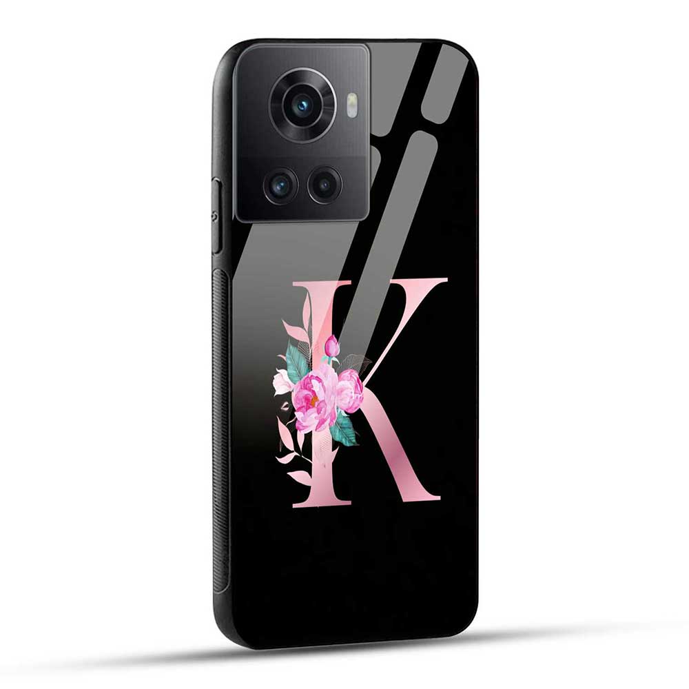 OnePlus 10R 5G Back Cover K Alphabet Pink Floral Name Initial Letter Glass Case