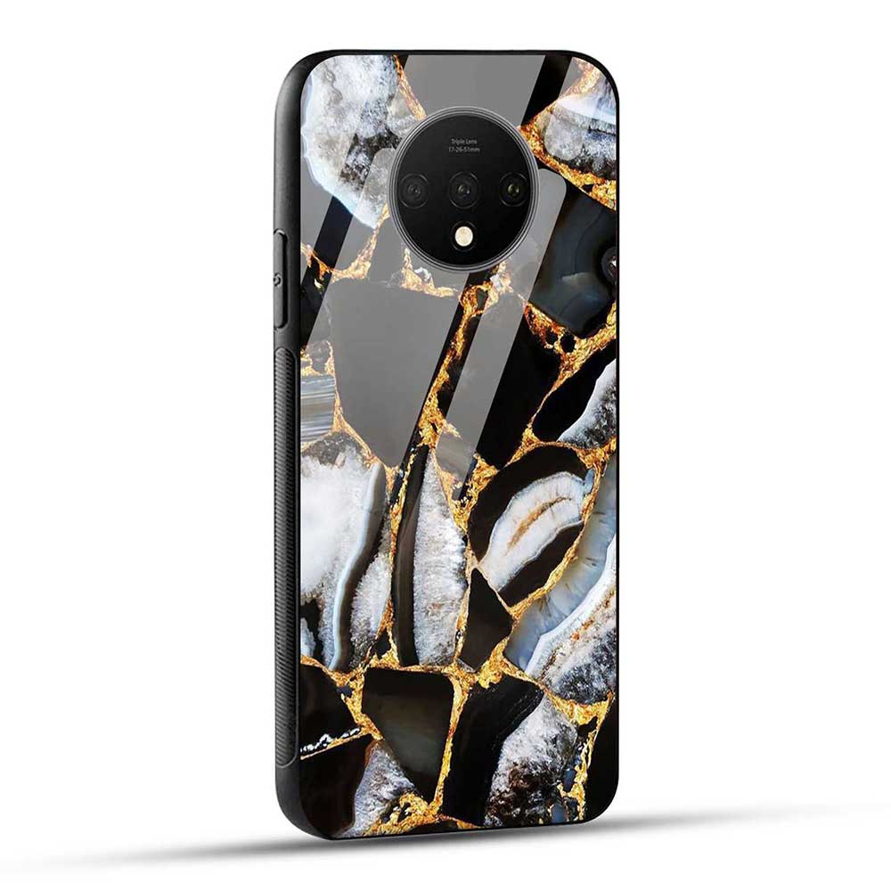 OnePlus 7T Back Cover Black Marble Glass Case