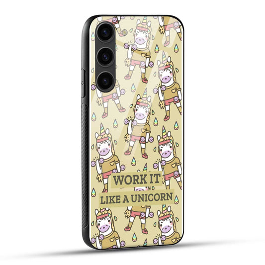 Samsung Galaxy S23 Plus 5G Back Cover Featuring Unicorns Working Out Printed Glass Case