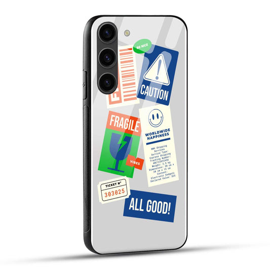 Samsung Galaxy S23 5G Back Cover Fragile And Caution Packaging Symbols Printed Glass Case