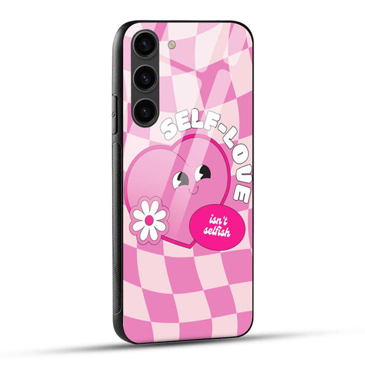 Samsung Galaxy S23 5G Back Cover Pink White Happy Hippie Self Love Motivational Printed Glass Case