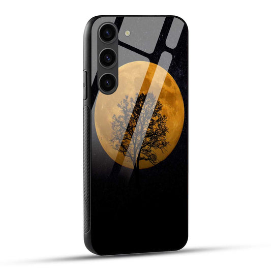 Samsung Galaxy S23 5G Back Cover Black And Orange Modern Moon Printed Glass Case