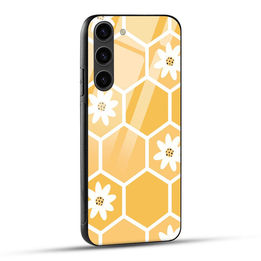 Samsung Galaxy S23 5G Back Cover Honeycomb And Flower Pattern Printed Glass Case