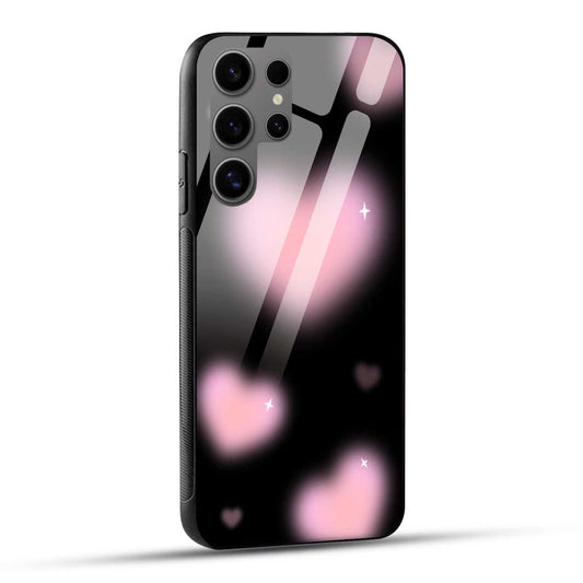 Samsung Galaxy S24 Ultra 5G Back Cover Black And Pink Blurry Heart Printed Glass Case