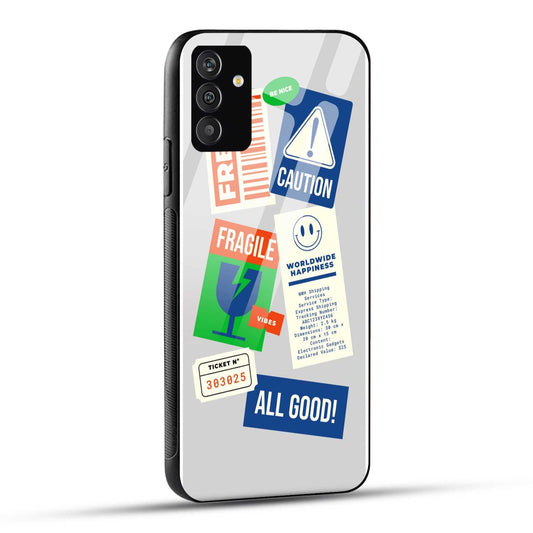 Samsung Galaxy F54 Back Cover Fragile And Caution Packaging Symbols Printed Glass Case