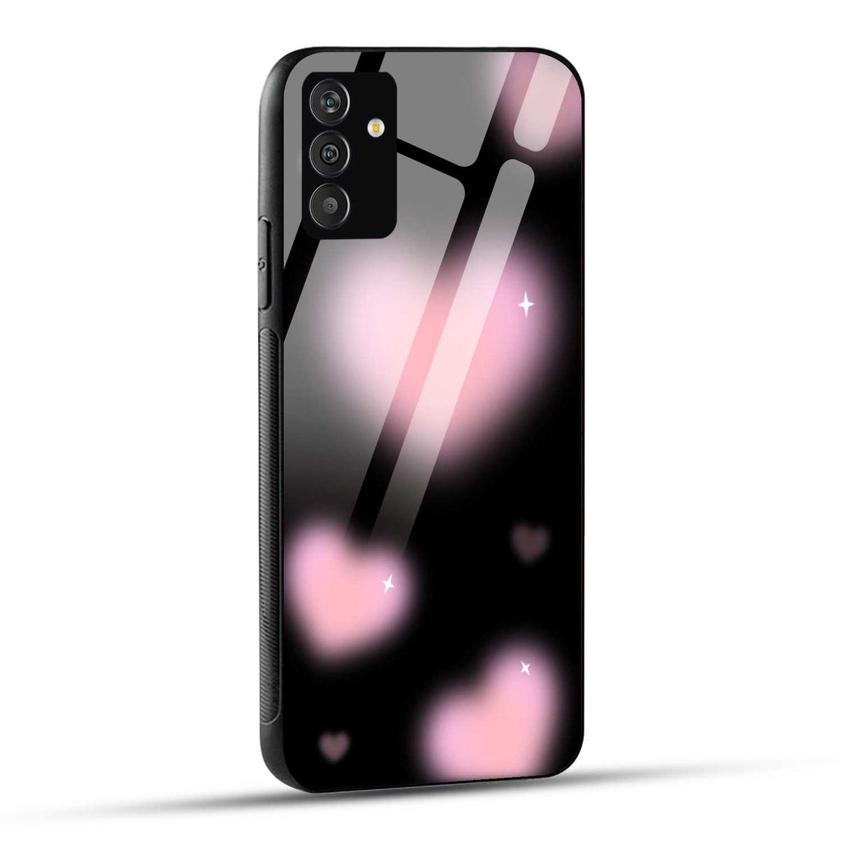 Samsung Galaxy A25 5G Back Cover Black And Pink Blurry Heart Printed Glass Case