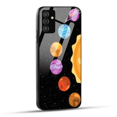 Samsung Galaxy S24 5G Back Cover Black Yellow Illustrative Space Planets Printed Glass Case