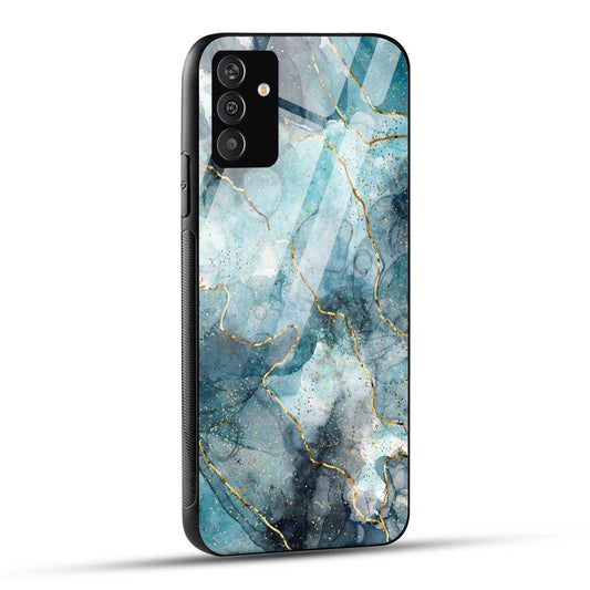 Samsung Galaxy A05s Back Cover Blue Gold Illustrated Marble Printed Glass Case