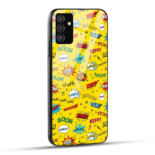 Samsung Galaxy A15 5G Back Cover Doodle Of Texts In Yellow Background Printed Glass Case