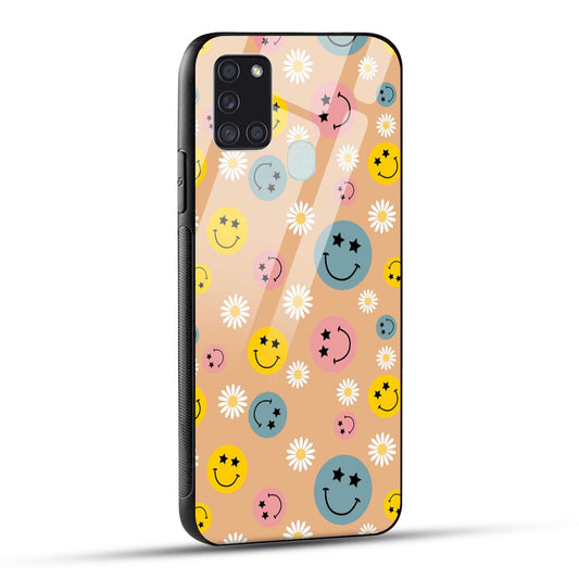Samsung Galaxy A21s Back Cover Smiley And Flowers Printed Glass Case