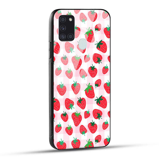 Samsung Galaxy A21s Back Cover Doodle Of Strawberries Printed Glass Case