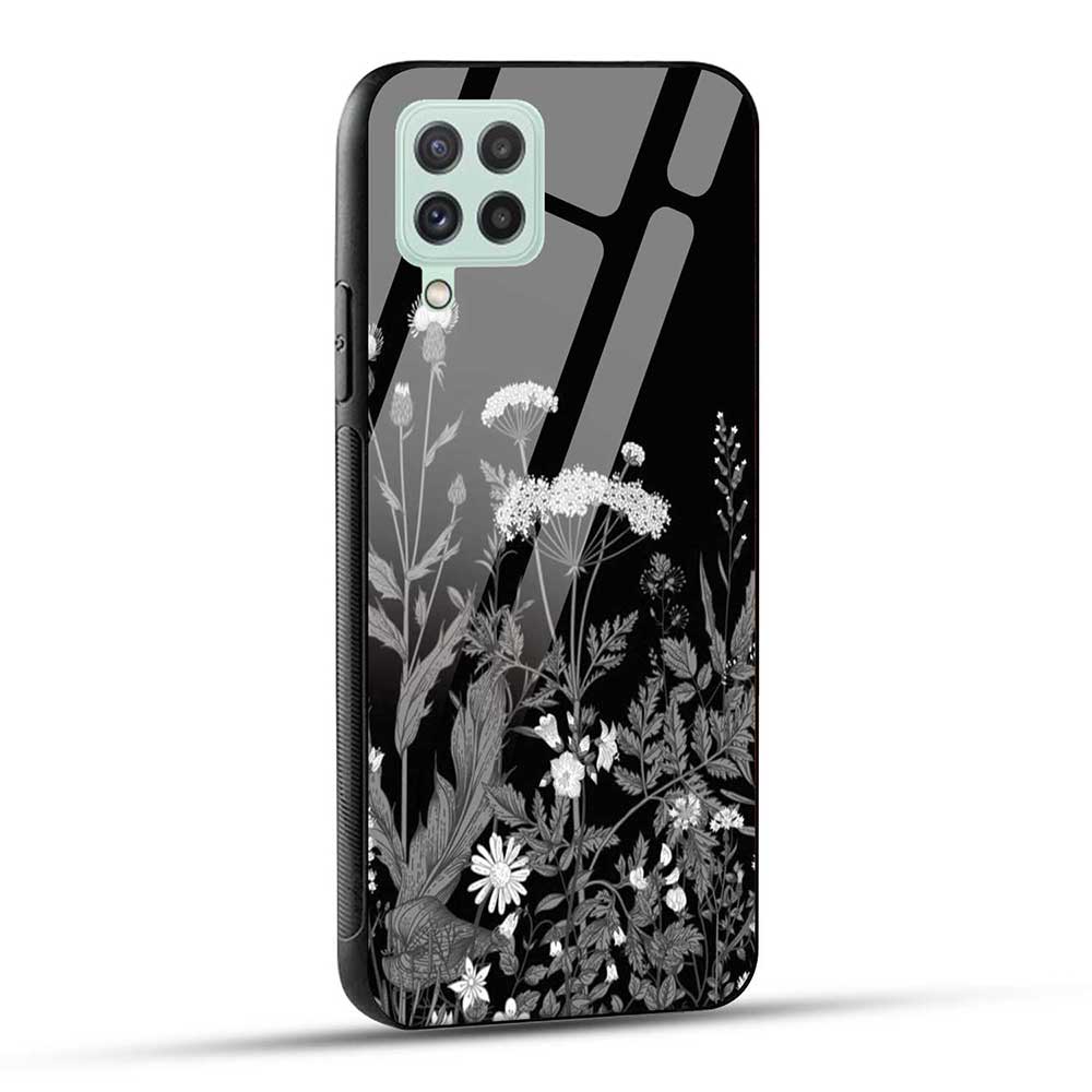 Samsung Galaxy A22 4G Back Cover Black & White Flowers Glass Case