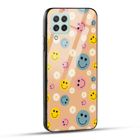 Samsung Galaxy A22 4G Back Cover Smiley And Flowers Printed Glass Case
