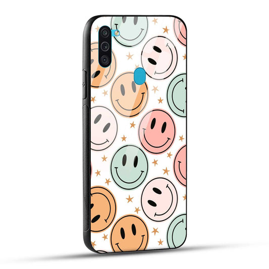 Samsung Galaxy M11 Back Cover Smiling Flowers And Stars Printed Glass Case
