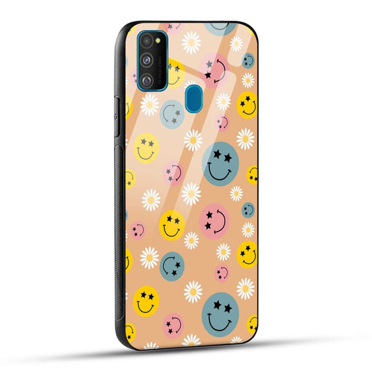 Samsung Galaxy M30s / Samsung Galaxy M21 / Samsung Galaxy M21 2021 Back Cover Smiley And Flowers Printed Glass Case