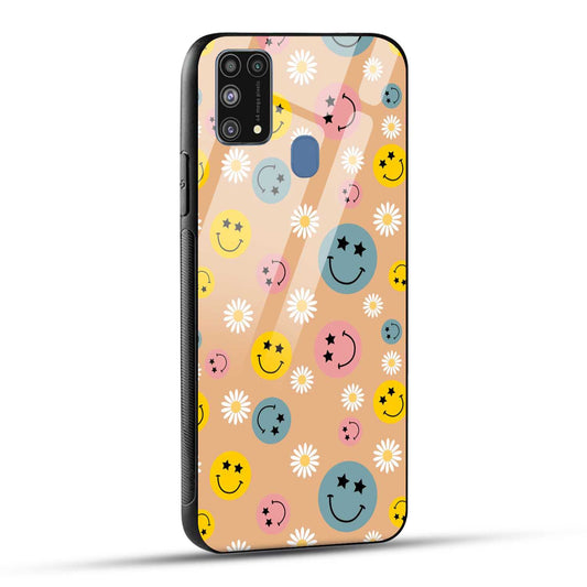 Samsung Galaxy M31 / Samsung Galaxy F41 / Samsung Galaxy M31 Prime Back Cover Smiley And Flowers Printed Glass Case